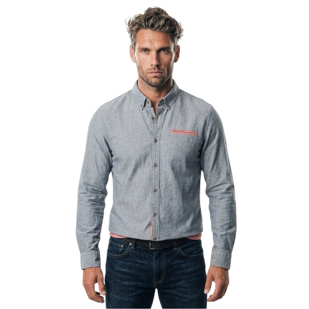 🛹 Vans Off The Wall Button-Up Long Sleeve Shirt M Gray Chambray w/ Red Accent 🔥
